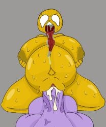 anthro ass_grab back_view big_areola big_balls big_breasts big_butt big_penis big_thighs crying_with_eyes_open ion_clocktower lactation long_tongue nipples open_mouth purple_skin saliva sharp_teeth size_difference sweating veiny_penis white_eyes wide_hips yellow_body