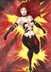 1girls 2024 artist_signature commission commission_art dark_phoenix deviantart_link ed_benes_studio elbow_gloves female jean_grey joe_lima large_breasts light-skinned_female light_skin long_hair marvel marvel_comics opera_gloves red_hair revealing_clothes solo white_eyes x-men