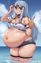 arknights bbw beach belly_overhang big_belly big_female blue_hair blush blush chubby chubby_female confused confusion drink embarrassed fat fat_ass fat_female fat_fetish fat_girl fat_woman fatty holding_drink huge_belly kipteitei large_female obese obese_female ocean overweight overweight_female pig plump pork_chop pudgy_belly skadi_(arknights) thick_thighs tubby weight_gain
