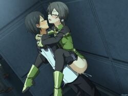 1boy asada_shino augma black_gloves black_hair black_pants black_thighhighs clenched_teeth closed_eyes clothes_lift commission cum dress dress_lift drooling female glasses gloves green_dress green_shoes hair_ribbon highres implied_sex kirito male motion_lines mysteryctu open_mouth pants pixiv_commission ribbon rimless_eyewear sex shoes short_dress short_hair sidelocks signature standing standing_sex straddling straight sword_art_online teeth thighhighs upright_straddle white_ribbon
