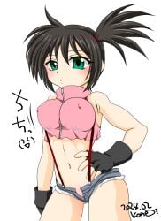 1girls artist_name big_breasts black_hair breasts busty covered_nipples dated denim denim_shorts erect_nipples_under_clothes female female_only fingerless_gloves gloves green_eyes highres kasumi_(pokemon) large_breasts legs looking_at_viewer midriff misty_(pokemon) navel nintendo parted_lips pokemon pokemon:_the_electric_tale_of_pikachu short_shorts shorts side_ponytail solo thighs unbuttoned unzipped voluptuous