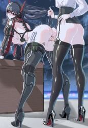 2girls absurdres anus arm_support ass barcode barcode_tattoo bent_over black_boots black_shoes black_skirt black_thighhighs blue_eyes blue_hair blush boots breasts chest_harness clenched_teeth colored_shoe_soles commentary_request cum cws1122uu egg_vibrator erection futa_with_female futanari garter_straps grabbing_another's_hair hand_on_own_hip harness high-waist_skirt high_heels highres holding_another's_hair horns imminent_penetration imminent_vaginal intersex just_the_tip korean_commentary large_breasts leg_tattoo long_sleeves mechanical_horns mechanical_spine multiple_girls nipple_clamps nipples number_tattoo one_eye_closed original penis pouch pumps pussy sex_toy shirt shoes shrug_(clothing) skirt standing tattoo teeth thigh_boots thigh_pouch thighhighs trembling uncensored vibrator white_shirt
