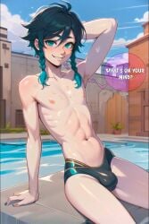 1boy abs ai_generated armpits arms_behind_head black_hair blush bulge cute darabri femboy feminine_male flat_chest gay genshin_impact girly green_eyes green_highlights headwear logo looking_at_viewer nipples otoko_no_ko pale_skin patreon patreon_logo penis_bulge pool solo_focus swimsuit teasing text text_bubble trap twintails venti_(genshin_impact) wet yaoi