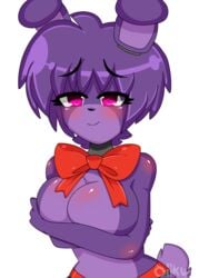 1girls big_breasts bonnie_(fnaf) bunliy five_nights_at_freddy's five_nights_in_anime looking_at_viewer naughty_face oiiku pink_eyes purple_body smile solo_female