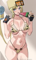 1girls 2024 ashiomi_masato belly belly_button blonde_hair blue_eyes breasts collar collarbone eyebrows eyebrows_visible_through_hair fingerless_gloves gloves guilty_gear hat ice_cream medium_breasts millia_rage open_mouth simple_background solo solo_female solo_focus standing swimsuit thighs watermelon