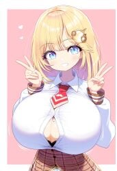 ai_generated ameanon big_breasts black_bra blonde_hair blue_eyes bra breasts button_gap center_opening hololive hololive_english hololive_myth huge_breasts large_breasts mole_on_breast paizuri_invitation partially_unbuttoned unbuttoned unbuttoned_shirt watson_amelia