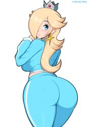 afrobull_(style) ai_generated ass big_ass blonde_hair blue_eyes blue_sweatpants looking_at_viewer looking_back mario_(series) princess_rosalina silver_crown sweatpants tagme