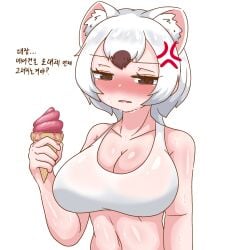 1girls big_breasts blush breasts female female_only kemono_friends korean_text navel sangchussam stoat_(kemono_friends) sweat sweaty sweaty_body