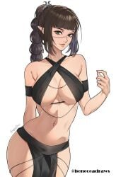 1girls solo female_only female female_focus long_hair elbows collarbone shoulders fingers fingernails cleavage large_breasts breasts midriff belly navel belly_button thighs thick_thighs groin slim_waist slim_female narrow_waist slender_waist slender_body lean_figure wide_hips hourglass_figure white_background simple_background upper_body highres high_resolution standing looking_at_viewer digital digital_media digital_art digital_drawing digital_media_(artwork) digital_drawing_(artwork) 2d 2d_(artwork) 2d_artwork drawing black_hair black-haired_female green_eyes green-eyed_female ponytail braid braids braided_hair braided_ponytail single_braid hand_behind_back arm_behind_back sidelocks busty busty_female busty_girl adult adult_female mature_female mature large_boobs big_breasts big_boobs stomach linea_alba fit_female inguinal_crease inguinal_ligament legs_closed legs_together thighs_together curvy curvy_figure curvy_body curvy_female curvy_hips bare_skin bare_shoulders bare_arms bare_hands bare_midriff bare_belly bare_navel bare_thighs bare_legs curvaceous curvaceous_figure curvaceous_body curvaceous_female curvaceous_hips exposed_skin exposed_shoulders exposed_arms exposed_midriff exposed_belly exposed_navel exposed_thighs exposed_legs beneceadraws nude naked nudity naked_female nude_female naked_woman half_naked half_nude semi_nude posing posing_for_the_viewer posing_naked posing_nude shadowheart baldur's_gate_3 baldur's_gate dungeons_and_dragons child_bearing_hips fertile_hips baddie bewitching_thighs alternate_version_available alternate_version_at_source more_at_source inframammary_fold dancer_outfit outfit black_outfit armband