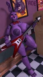 absurd_res animatronic anthro areola big_breasts bonnie_(fnaf) bow_tie breasts checkered checkered_floor female five_nights_at_freddy's genitals guitar hi_res huge_breasts lagomorph leaning_on_wall leporid machine mammal musical_instrument nipples pink_eyes plucked_string_instrument pussy rabbit robot solo string_instrument tade48 thick_thighs