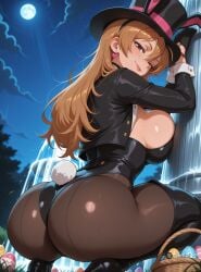 1girl 1girls ai_generated antenna_hair ass ass_focus biting_lip black_hat blush bodysuit breasts brown_eyes brown_hair bunnysuit butt butt_focus chocker coattails curvy curvy_figure earrings fake_animal_ears female female_only gitaniai gloves hat head_tilt highschool_of_the_dead huge_ass huge_breasts jacket large_ass large_breasts light-skinned_female looking_at_viewer looking_back mischievous_smile miyamoto_rei naughty_face pantyhose rabbit rabbit_ears rei_miyamoto seductive solo squatting strapless teasing thick_thighs tie wide_hips winking_at_viewer