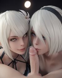 1boy 2girls ai_generated blue_eyes erection flower flower_in_hair hairband imminent_fellatio kaine_(nier) kissing_penis looking_at_viewer nier nier:_automata nier_replicant ponzuaji pov precum smile smiling smiling_at_viewer threesome topless white_hair yellow_eyes yorha_2b