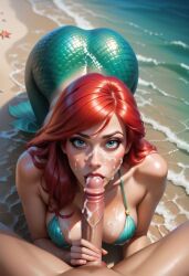 ai_generated ariel blowjob cum_on_face disney disney_princess female male partial_male red_hair tagme the_little_mermaid