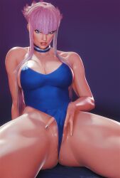 1girls ass big_ass big_breasts blue_eyes breasts capcom fingering fingering_pussy fugtrup hand_under_clothes long_bangs looking_at_viewer makeup manon_legrand masturbation nipple_bulge one-piece_swimsuit painted_nails pink_hair pussy pussy_juice short_hair simple_background solo street_fighter street_fighter_6 swimsuit thick_thighs thighs toned toned_female