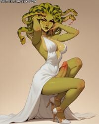 1futa ai_generated dress futa_only futanari gorgon greek_mythology green_skin high_heels medusa medusa_gorgon pinup reptile rickette snake_hair snakes white_dress