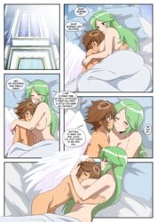 1boy 1girls age_difference angel angel_wings bed blanket blue_eyes blush brown_hair comic dialogue eyes_closed fanfiction goddess gold green_hair highres hot_spring inusen kid_icarus kid_icarus_uprising kiss kissing_cheek long_hair nintendo nude palutena pillow pit pit_(kid_icarus) sex short_hair size_difference smaller_male tagme wholesome wings