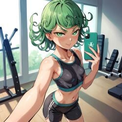 ai_generated blush breasts cellphone collarbone curly_hair female green_eyes green_hair gym_uniform henrychrist indoors looking_at_viewer navel one-punch_man petite phone self_shot short_hair shorts small_breasts smile solo sportswear tatsumaki