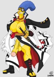 baiken big_breasts blue_hair breasts cosplay costume exposed_breasts futanari guilty_gear huge huge_cock marge_simpson strongovan the_simpsons yellow_body yellow_skin