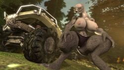3d_(artwork) abs alien big_breasts breasts car clothed clothing digital_media_(artwork) exposed_breasts female female_sangheili forest grey_body grey_skin halo_(series) hands_on_knees hands_on_legs humanoid kasdaq looking_at_viewer microsoft panties panties_only plant sangheili solo thick_thighs topless tree underwear underwear_only vehicle warthog_vehicle_(halo) xbox_game_studios yellow_eyes