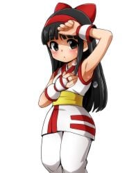 1girls ainu_clothes armpit_fetish armpits black_hair breasts female female_only fingerless_gloves gloves grey_eyes hair_ribbon hand_on_own_chest highres king_of_fighters legs long_hair looking_at_viewer medium_breasts nakoruru pants pose posing presenting_armpit puckered_lips ribbon samurai_shodown shaded_face snk solo sweat thighs wide_hips yuuya_(blue_scarab)