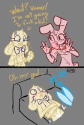 2024 after_sex ambiguous_gender anthro blush bodily_fluids bottomless bottomless_female bow_tie bubble_gum clothed clothing comic cum cum_on_crotch dialogue english_text female five_nights_at_freddy's flat_chested genital_fluids gesture gloves grey_background group handwear lagomorph leporid mammal molly_(roommates) mostly_offscreen_character rabbit red_body roommates:motha scottgames shirt simple_background soulcentinel stated_age stated_young text topwear trio vanny_(fnaf) whiskers yellow_body