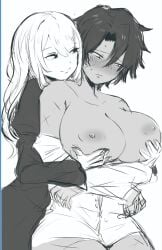 catherine_(limbus_company) dark-skinned_female female_only genderswap_(mtf) groping_breasts heathcliff_(limbus_company) large_breasts limbus_company project_moon rule_63 short_hair tomboy yuri