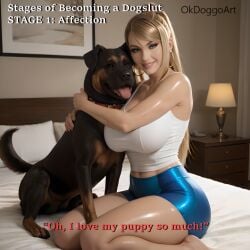 1dog 1girls 3d ai_generated bedroom big_ass big_breasts big_butt bimbo blonde_hair blue_eyes blue_shorts canine dialogue english english_dialogue english_text female gym_shorts gym_uniform hoop_earrings hug imminent_sex implied_zoophilia interspecies large_breasts long_hair metroid okdoggo pony_diffusion_xl samus_aran shiny_skin sit sitting_on_bed stable_diffusion tank_top text thick_thighs yoga_shorts zoophilia