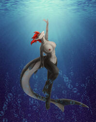 5_fingers abs anthro ass barefoot big_breasts black_skin breasts bubble detailed_background female fin fish glowing glowing_eyes hair half-closed_eyes hi_res looking_up marine multicolored_skin muscular nipples non-mammal_breasts pussy red_eyes red_hair shark slit smile solo swimming tiburia toes two_tone_skin viny_de_siqueira water white_skin