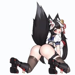 :3 :3d animated back_view big_breasts black_hair fat_ass fox fox_girl fox_tail gammainkk kneeling_on_ground large_breasts long_hair looking_back on_floor on_knees panties school_uniform schoolgirl shaking_ass showing_ass showing_off showing_off_ass sideboob teasing thick_ass thick_thighs thigh_belt thigh_strap thighhighs twerk twerking two_tone_hair virtual_youtuber white_hair