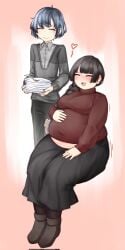 1boy 1girls big_belly big_breasts bloated_belly blue_hair brown_hair canon_couple chubby closed_eyes clothed clothing couple fat feeding female happy library_of_ruina long_hair male merry_(library_of_ruina) orristerioso plates plump project_moon tight_clothing tommy_(library_of_ruina) underbelly wardrobe_malfunction