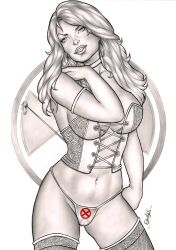 big_breasts black_and_white breasts cameltoe corset curvy curvy_figure elberty_(artist) emma_frost female female_only hellfire_club hourglass_figure marvel marvel_comics opera_gloves panties thighhighs traditional_art traditional_media_(artwork) white_queen x-men