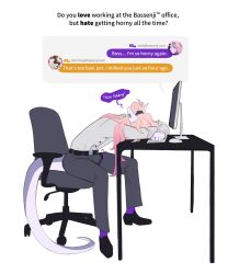 absurd_res anthro bassenji bottomwear chair clothed clothing computer desk dialogue electronics english_text erection erection_under_clothing fully_clothed furniture hair hi_res male pants pink_hair ponytail shirt solo table text topwear