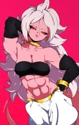 1girls abs android_21 android_21_(evil) arabian_clothes belly_button black_sclera bracelet dragon_ball dragon_ball_fighterz dragon_ball_z harem_outfit jewelry looking_at_viewer majin_android_21 medium_breasts muscular_arms muscular_female navel pink_skin red_eyes six_pack spiked_hair spiky_hair tail white_hair