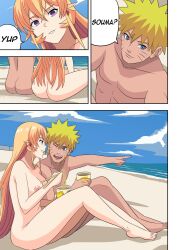 1boy 1girls ass beach big_breasts blonde_hair breasts chopsticks completely_nude completely_nude_female completely_nude_male crossover date female food holding_object huge_breasts long_hair looking_at_another looking_at_partner male nakiri_erina naruto naruto_(series) naruto_shippuden ninrubio nipples noodles nude nude_female nude_male nudist nudity outdoor_nudity outdoors ramen shokugeki_no_souma short_hair sitting smile uzumaki_naruto voluptuous yellow_hair