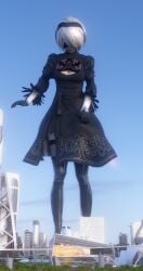 1girls 3d blindfold breasts city clothing female female_only giantess hairband light-skinned_female light_skin macro nier nier:_automata short_hair skirt solo thighhighs white_hair xabbx yorha_2b