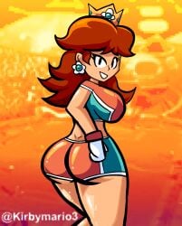 1girls ass daisy's_hot_stuff_(trend) female female_only kirbymario3 mario_(series) mario_strikers meme orange_shorts princess_daisy screenshot_redraw side_view solo super_mario_bros.