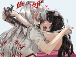 2girls arm_on_another&#039;s_shoulder black_hair bow catfight commentary_request eneshi face-to-face fujiwara_no_mokou grabbing_another&#039;s_hair grey_hair grey_shirt hair hairbow hand_in_another&#039;s_hair hands_in_hair heart highres holding holding_another&#039;s_hair houraisan_kaguya long_hair multiple_girls multiple_hair_bows open_mouth pink_eyes pink_shirt red_bow shirt simple_background tongue tongue_out torn_clothes torn_sleeves touhou two-tone_bow upper_body very_long_hair white_background white_bow yuri