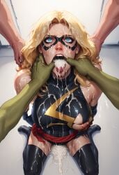 ahe_gao ai_generated bukkake carol_danvers cum_in_mouth finger_to_mouth kneeling marvel potatoesai