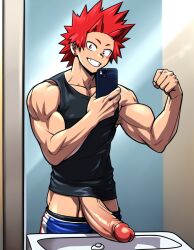 1boy ai_generated big_penis boku_no_hero_academia eijirou_kirishima erect_penis erection flexing gay holding_phone kirishima_eijirou large_penis looking_at_viewer male male_only mirror_selfie muscular muscular_male my_hero_academia penis penis_out presenting_penis pulled_down_pants red_eyes red_hair self_upload selfie sink sole_male solo spiky_hair tagme taking_picture taking_selfie tank_top