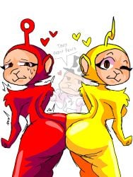 1boy 2girls artist_upload ass ass_docking ass_focus ass_to_ass ass_up asstragames brown_eyes duo_female english_text female_only laa-laa po_(teletubbies) red_body red_fur self_upload slendytubbies straight teletubbies white_tubby yellow_body yellow_fur