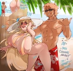 1boy 1girls beach beauty_mark bent_over big_breasts big_nipples bikini blonde_female blonde_hair clue_(artist) elf elf_ears elf_female from_behind from_behind_position giant_breasts gigantic_breasts huge_breasts inverted_nipples liafina_(oc) long_hair male/female male_swimwear muscular muscular_male outdoor_sex outside public public_sex sex sling_bikini summer swimming_trunks swimsuit tan_body tanned_male tanned_skin topless_male wardrobe_malfunction