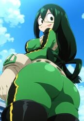 ai_generated ass ass_focus bare_legs big_breasts black_eyes boku_no_hero_academia curvaceous curvy_female fat_ass gigantic_ass green_hair hero_outfit_(mha) large_breasts light-skinned_female light_skin long_hair looking_down massive_ass my_hero_academia pov_ass shounen_jump tbaanime thick_thighs thighs tongue_out tsuyu_asui