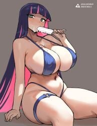 1girls bikini blunt_bangs breasts donburikazoku female food green_eyes hi_res huge_breasts large_breasts light-skinned_female light_skin long_hair naughty_face panty_&_stocking_with_garterbelt popsicle purple_hair stocking_anarchy swimsuit thick_thighs thigh_strap twitter_link wide_hips