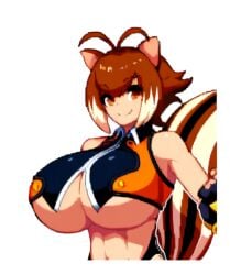 1girls ai_generated animal_ears blazblue breast_focus breasts brunette_hair bulging_breasts bursting_breasts cleavage close-up clothed_female crop_top curvaceous curvy_figure female gigantic_breasts hourglass_figure huge_breasts legs looking_at_viewer makoto_nanaya massive_breasts pixel_art rendered round_breasts smile solo squirrel_tail thin_waist transparent_background underboob voluptuous white_outline
