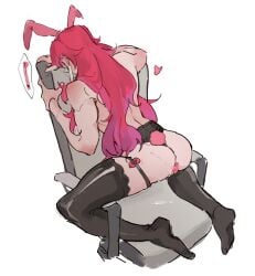 1boy battle_academia_series battle_academia_yone bullet_vibe bunny_ears bunny_tail crossdressing earrings hidden_face lace league_of_legends legwear lingerie long_hair male pink_hair presenting presenting_hindquarters solo stockings tape thigh_strap thighhighs vibrator yone