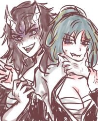 2girls assault before_rape before_sex big_breasts blue_hair breasts bumali demon demon_girl demon_humanoid demon_slayer demon_slayer_uniform demoness face_grab hantengu kimetsu_no_yaiba lesbian_sex oc pale pale-skinned_female purple_eyes purple_sclera sketch tongue tongue_out tongue_tattoo upper_moon wrist_grab yuri