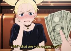 1girls absurd_res absurdres ai_generated ashamed black_shirt blonde_female blonde_hair blue_eyes blush blushing bracelet cash clothed clothing ear_piercing female female_focus funny hentai hi_res high_quality high_resolution highres horny jujutsu_kaisen looking_away looking_down looking_pleasured meme money necklace nervous nervous_expression nervous_face nishimiya_momo pervert piercing pigtails sawahebi sexually_suggestive shirt suggestive