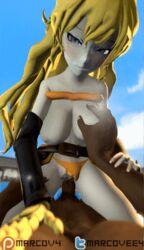 1boy 1girls 3d animated bikini blonde_hair dark-skinned_male dark_skin gif interracial large_breasts marcovee4 pov pov_eye_contact prosthetic prosthetic_arm pubic_hair purple_eyes pussy robotic_arm rwby smile source_filmmaker yang_xiao_long