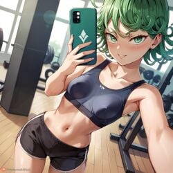 1girls ai_generated blush breasts cellphone curly_hair female female_only green_eyes green_hair gym_uniform henrychrist holding_phone indoors looking_at_viewer navel one-punch_man petite phone self_shot short_hair shorts small_breasts smartphone smile solo sportswear tatsumaki