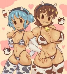2girls aioi_yuuko bikini black_collar black_headband blue_collar blue_hair blue_nails bovine breasts brown_hair cleavage closed_mouth collar collarbone cow_horns cow_horns_headband cow_print cow_print_bikini cow_print_thighhighs cube_hair_ornament dozo_gon female female_only grey_nails headband heart huge_breasts medium_breasts milk milk_jar naganohara_mio navel neck_bell nichijou open_mouth pulling_clothing short_hair short_twintails sidelocks sleeves smile string_pull thick_thighs thighhighs white_sleeves